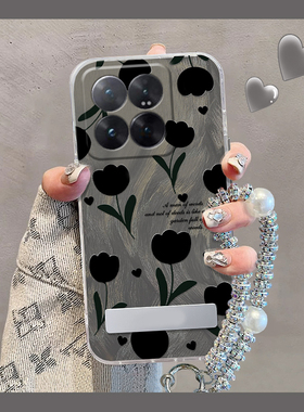 黑色郁金香适用小米红米k70e手机壳小米14日韩立体civi4支架note13pro+挂链13sultra羽纱11硅胶12spro十12x女