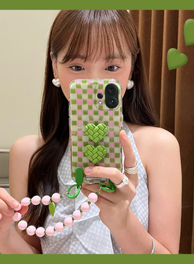 ins风爱心格子适用vivos30promini手机壳s20立体s19pro绿色s17t小清新s16e硅胶t1新款s15挂链s12s10s9s7s1软p