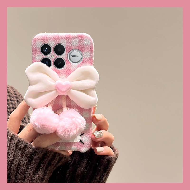 ins风粉色格子适用小米红米k90promax手机壳k80爱心k70pro吊坠k60e至尊版k50毛绒turbo4/3/k40s/k30i/12x秋冬