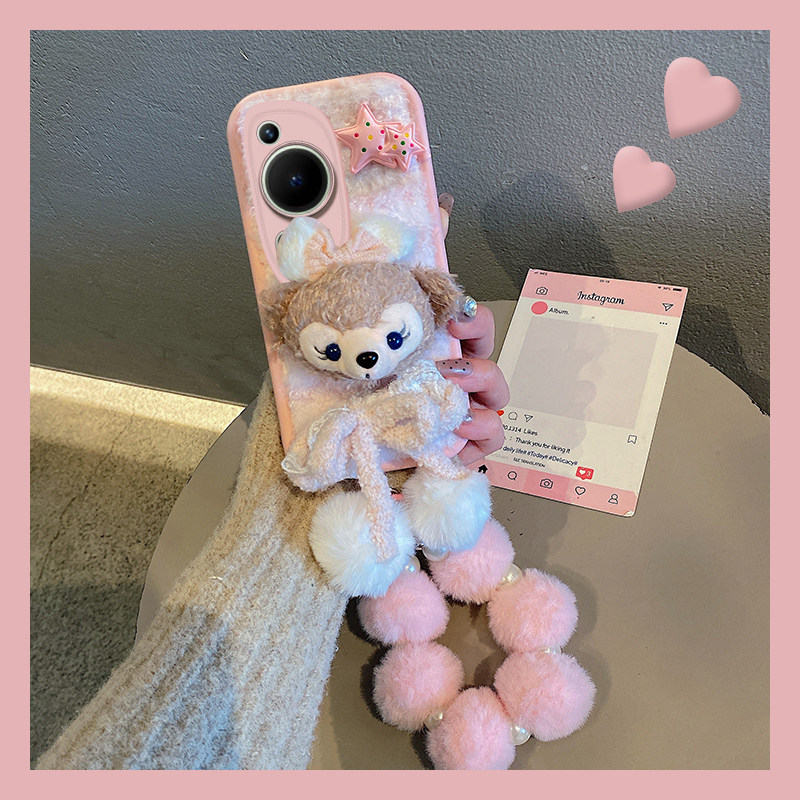 粉色达菲熊适用华为pura70pro手机壳p60art可爱p50e毛球p40por挂链p30日韩huawei毛绒绒趣味秋冬季硅胶小众女