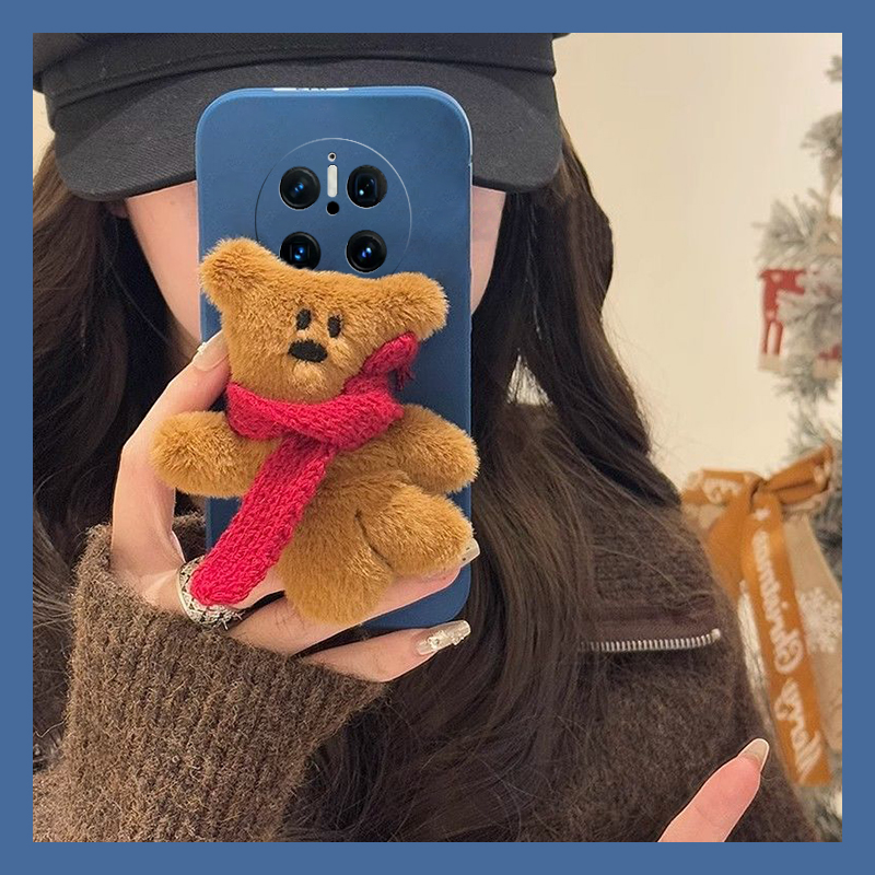 秋冬毛绒围巾小熊适用华为mate70pro+手机壳mete60可爱50e呆萌40rs保时捷设计30epor卡通20x液态10十huawei软
