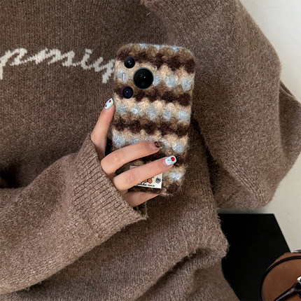 蓝棕撞色条纹kt猫适用华为pura80pro+手机壳pura70ultra贴纸p60art冬天40por+十p30秋冬p20毛绒p10plus卡通软