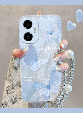 蓝色蝴蝶适用华为荣耀300手机壳magic7pro日韩x60i挂链x50超仙200小众100羽纱mgaic6十硅胶nova12/70p+透明软