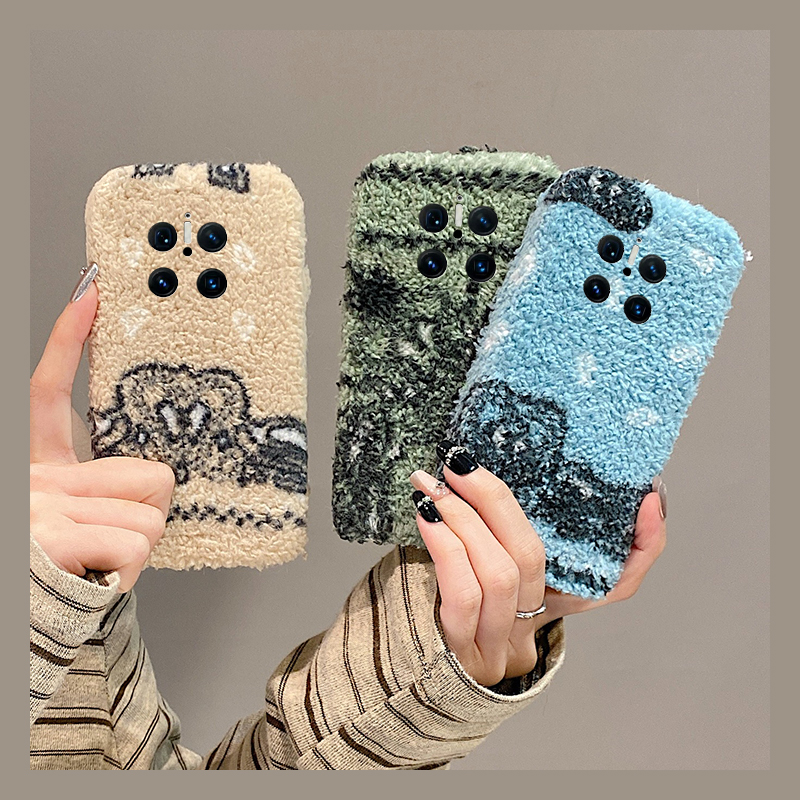 ins风拼色图案适用华为mate70pro+手机壳meta60泰迪绒mata50e简约rs保时捷设计mete40e十m30秋冬季20x毛绒10