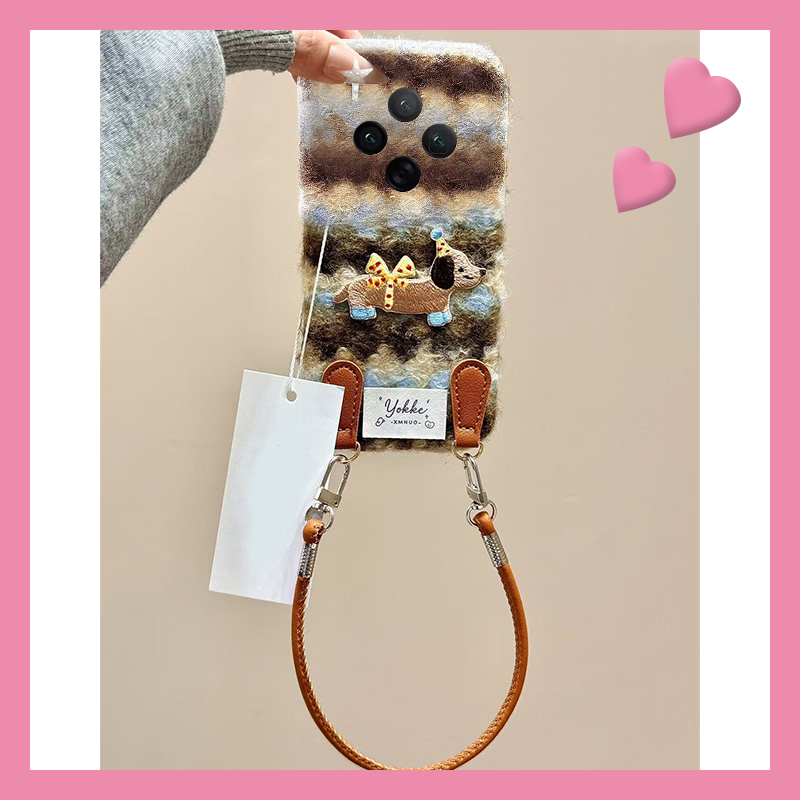 条纹刺绣腊肠狗适用vivox300手机壳x200蓝棕x100pro+挂绳x100ultra秋冬x90s毛绒t2s卡通x80s软x70/x60+十vivo