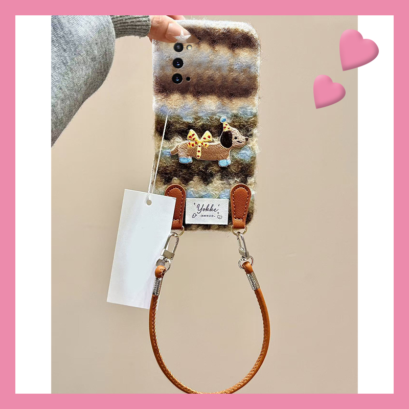 条纹刺绣腊肠狗适用三星a90手机壳a80蓝棕a70s挂绳a50秋冬季a30毛绒a20毛茸茸a10卡通a52/a8s/galaxy/a53/f52