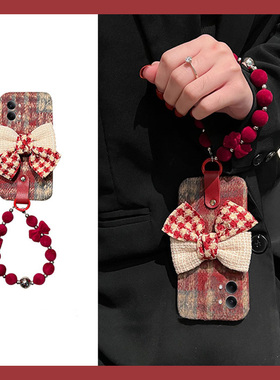 红色格子适用小米红米turbo5手机壳turbo5max可爱五挂链redmi秋冬季毛绒绒硅胶手提毛茸茸冬天保暖新款拼色软
