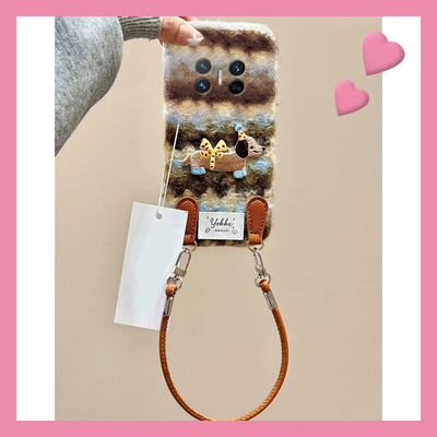 条纹刺绣腊肠狗适用华为magicv3手机壳magicvs2蓝棕p50挂绳pockets秋冬季matexs2毛绒x5折叠屏x3卡通ocket2硬