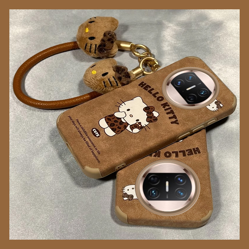 棕色kt猫适用华为matex5手机壳matex3典藏版折叠挂绳matexs2复古p50pocket秋冬2折叠屏翻毛皮日韩硬壳小众女
