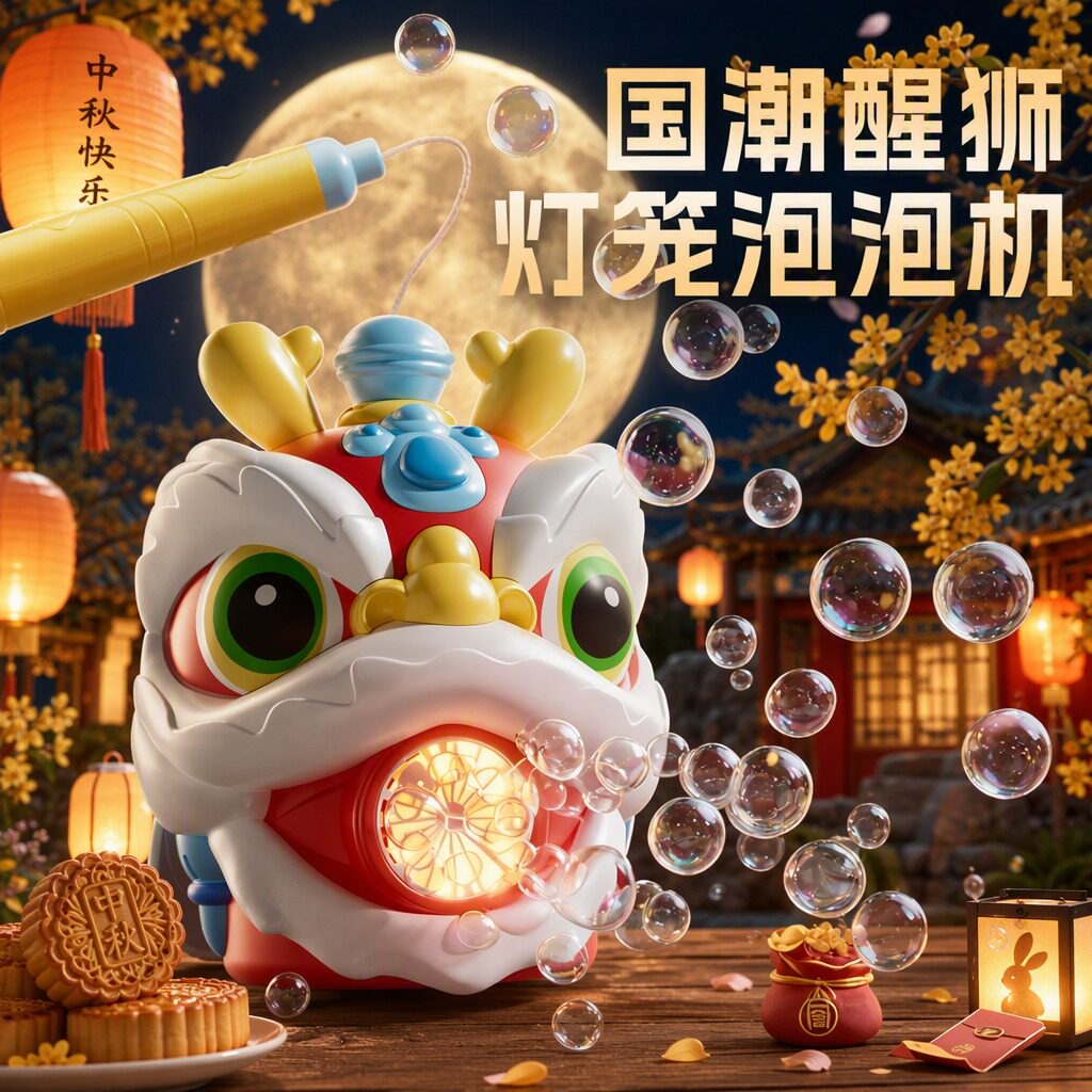 中秋节醒狮灯笼2026新款儿童手提泡泡机八月十五电动发光玩具国风