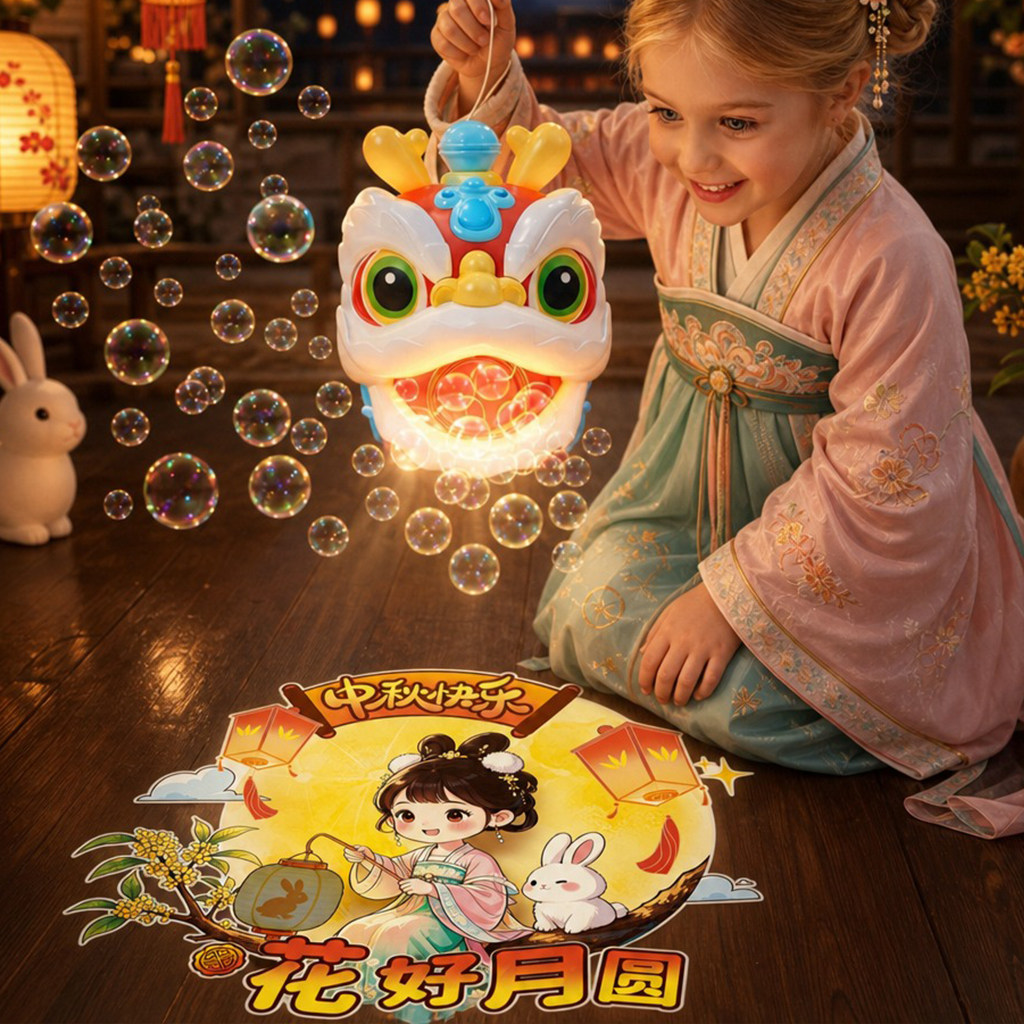 中秋节醒狮灯笼儿童手提玩具发光音乐电动泡泡机2026新款八月十五