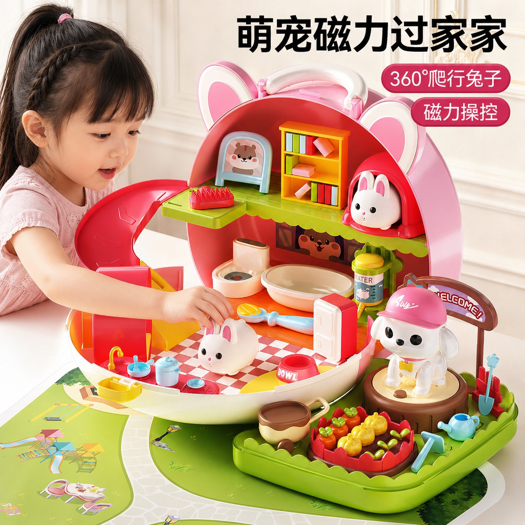 萌宠磁力兔子屋喂食过家家玩具