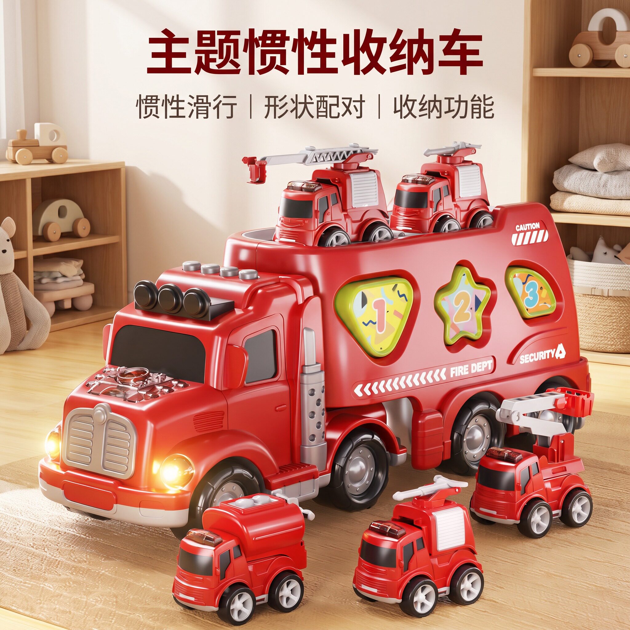 大号声光惯性滑行消防运输车玩具