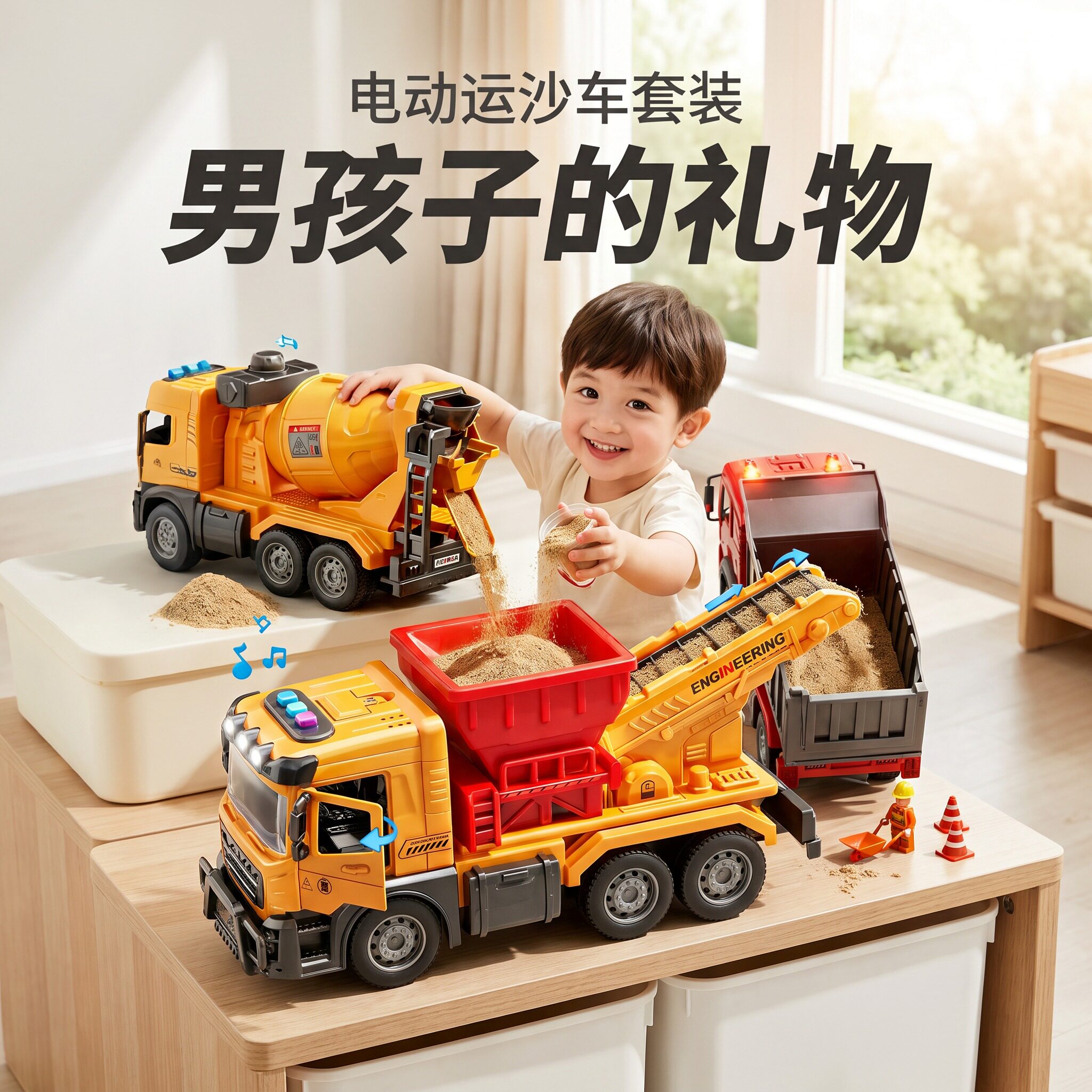 益智早教电动声光惯性工程车玩具
