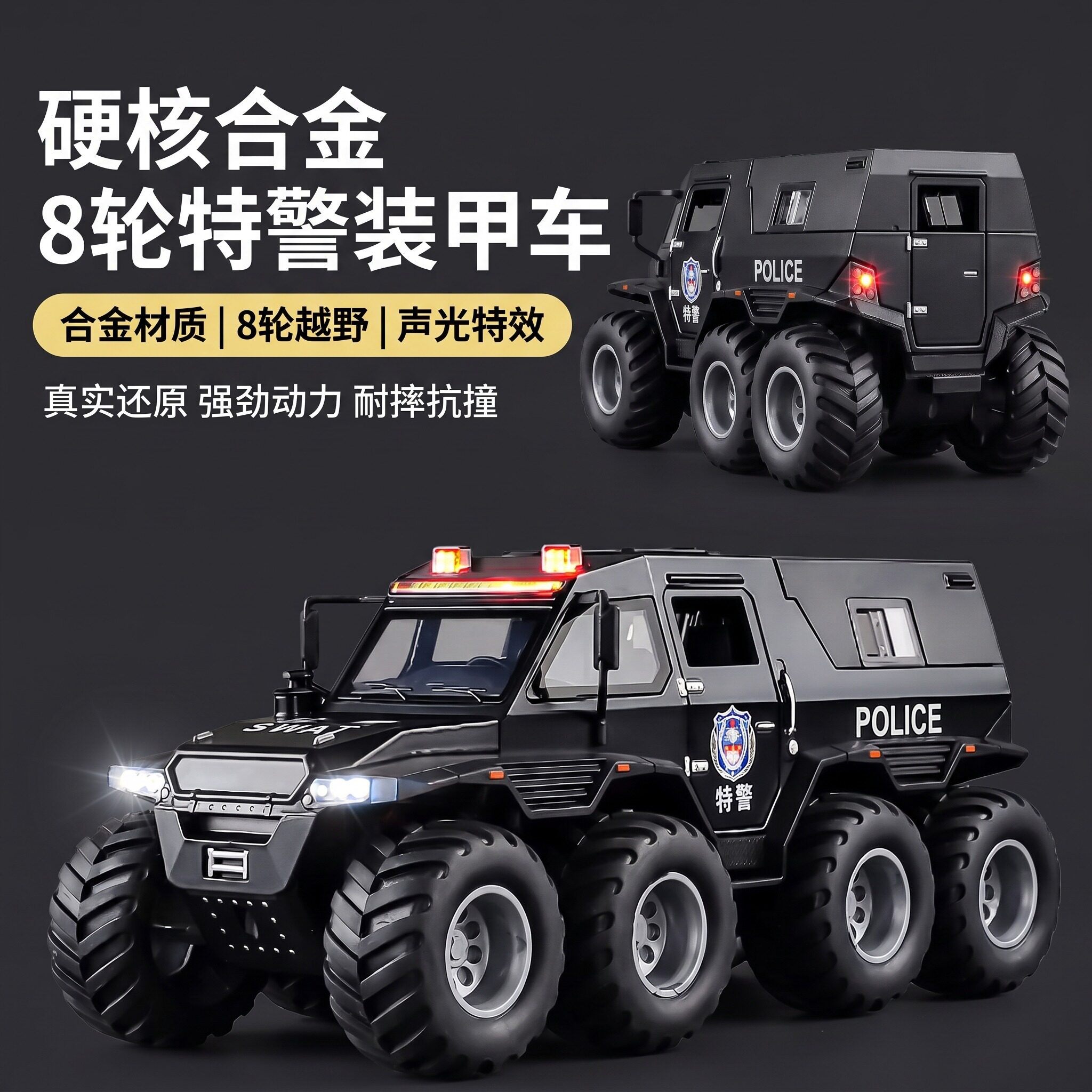 装甲合金警车回力声光减震玩具