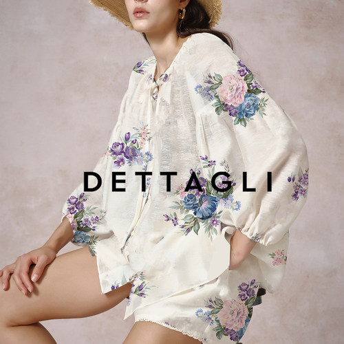 Dettagli花神系列亚麻花朵印花灯笼袖开衫上衣短裤度假老钱风套装