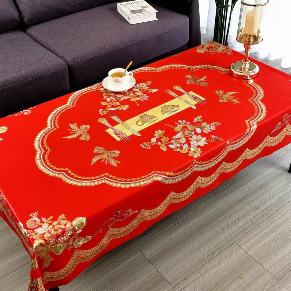 红色烫金茶几桌布防水防
