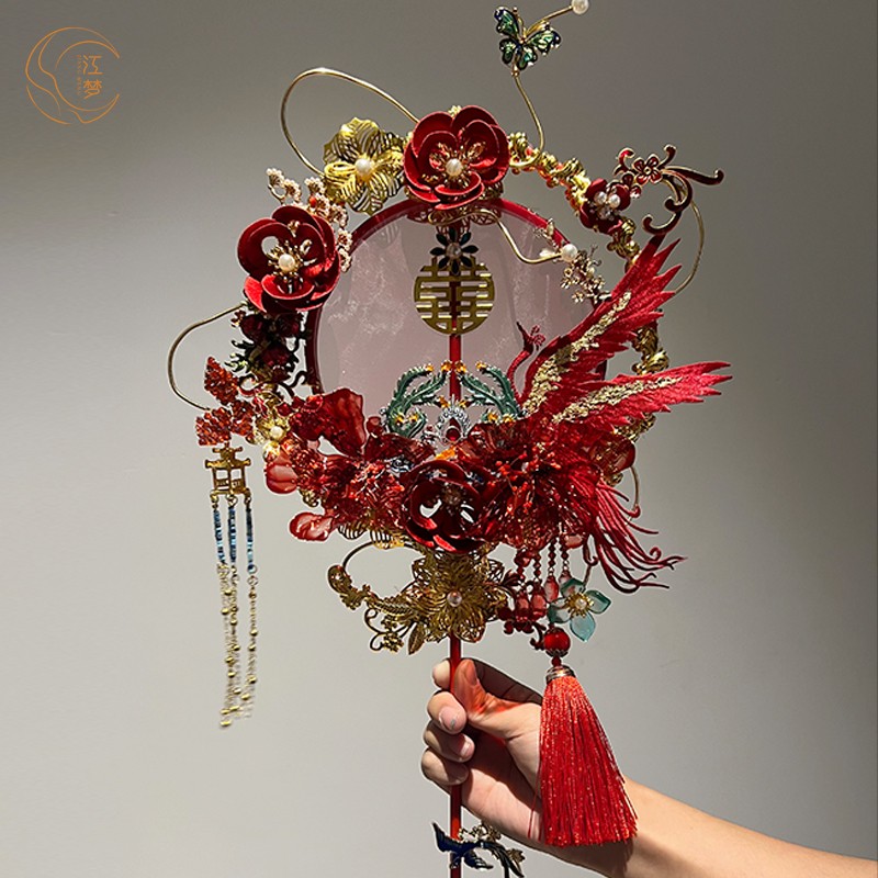 江梦原创[鸾凤和鸣]团扇新娘结婚红色喜扇手工手捧花秀禾新婚礼物