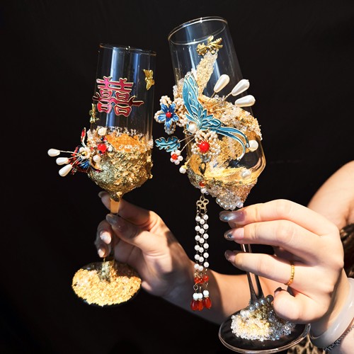 中式敬酒杯新婚礼物奢华鎏金敬酒杯手工珍珠高脚杯送礼一套礼盒装