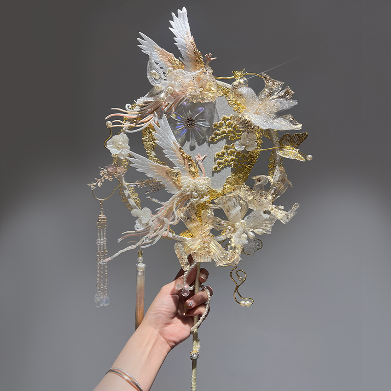 江梦原创设计[奢华香槟凤求凰]新娘团扇秀禾汉服中式喜扇结婚礼物