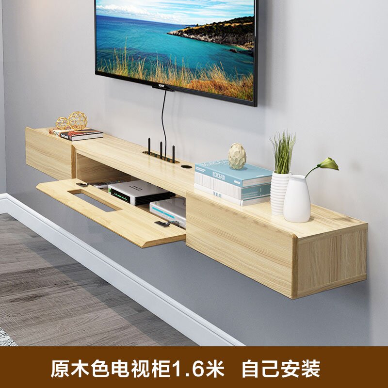 c原木悬挂式壁挂电视柜轻奢墙上机顶盒实木柜客厅简易置物架窄吊