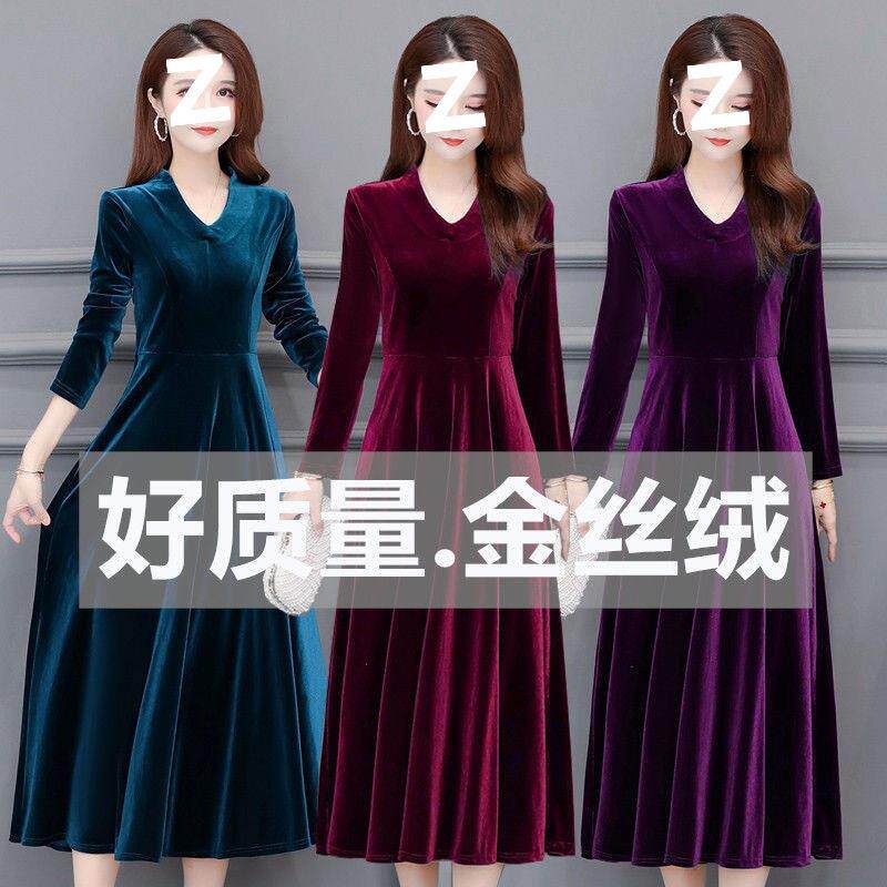金丝绒连衣裙秋季2025新款流行洋气大码长款长袖遮肚妈妈裙子跨境