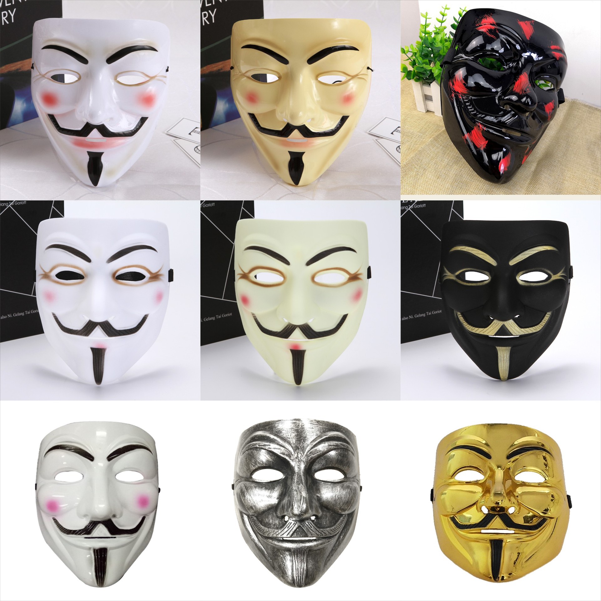 工厂电影主题V脸电镀仿古V字面具加厚磨砂带眼线PV枫叶黑V字面具