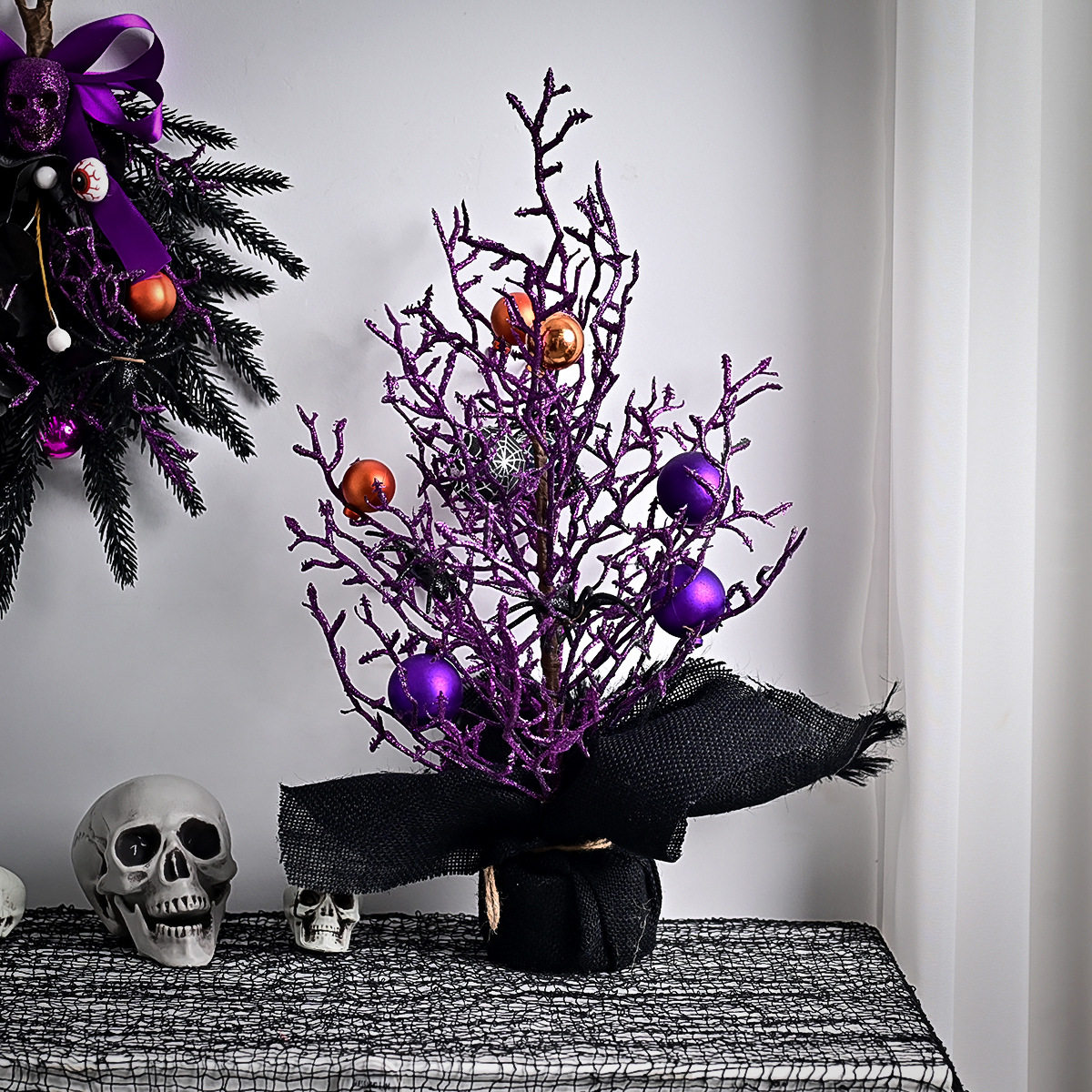 万圣节摆件鬼节仿真骷髅头蜘蛛南瓜恐怖场景布置装饰花环新款