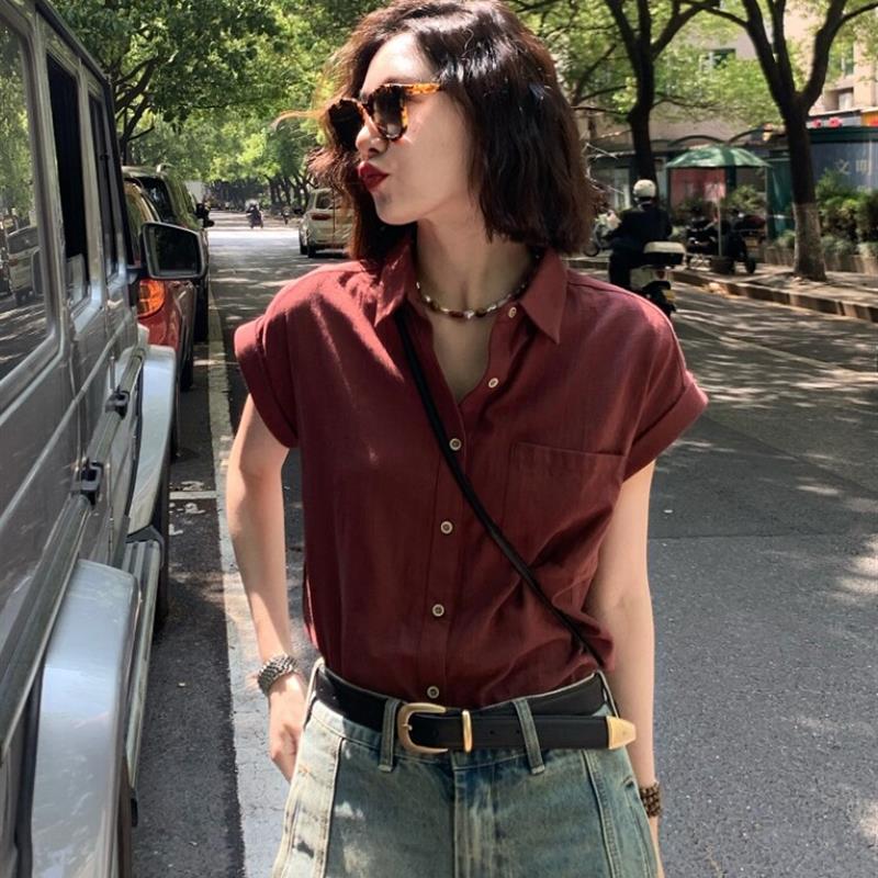 法式短袖衬衫女夏2025新款设计感小众无袖衬衣薄款棉麻上衣夏季女