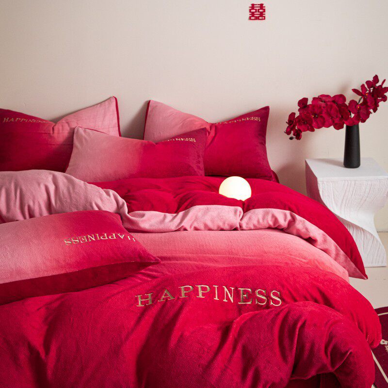 高档加厚牛奶绒婚庆四件套秋冬高颜值结婚珊瑚绒被套床单床振尾荣