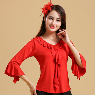 新款广场舞服装民族舞秧歌舞团体跳舞演出练功衣肚皮舞中长袖上衣