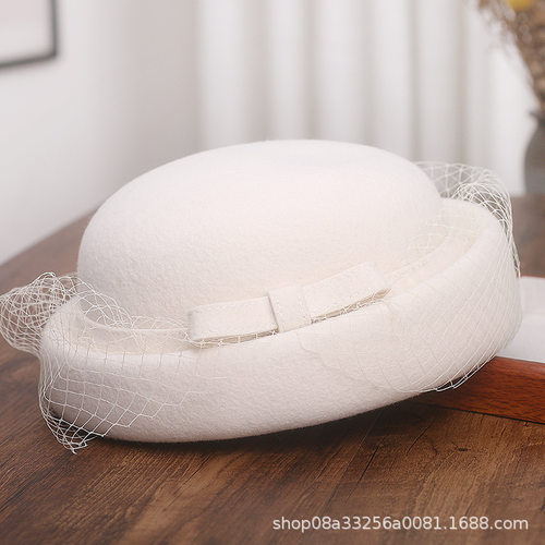 法式网纱蝴蝶结羊毛呢贝雷帽女秋冬时尚圆顶卷边小礼帽洋气画家帽