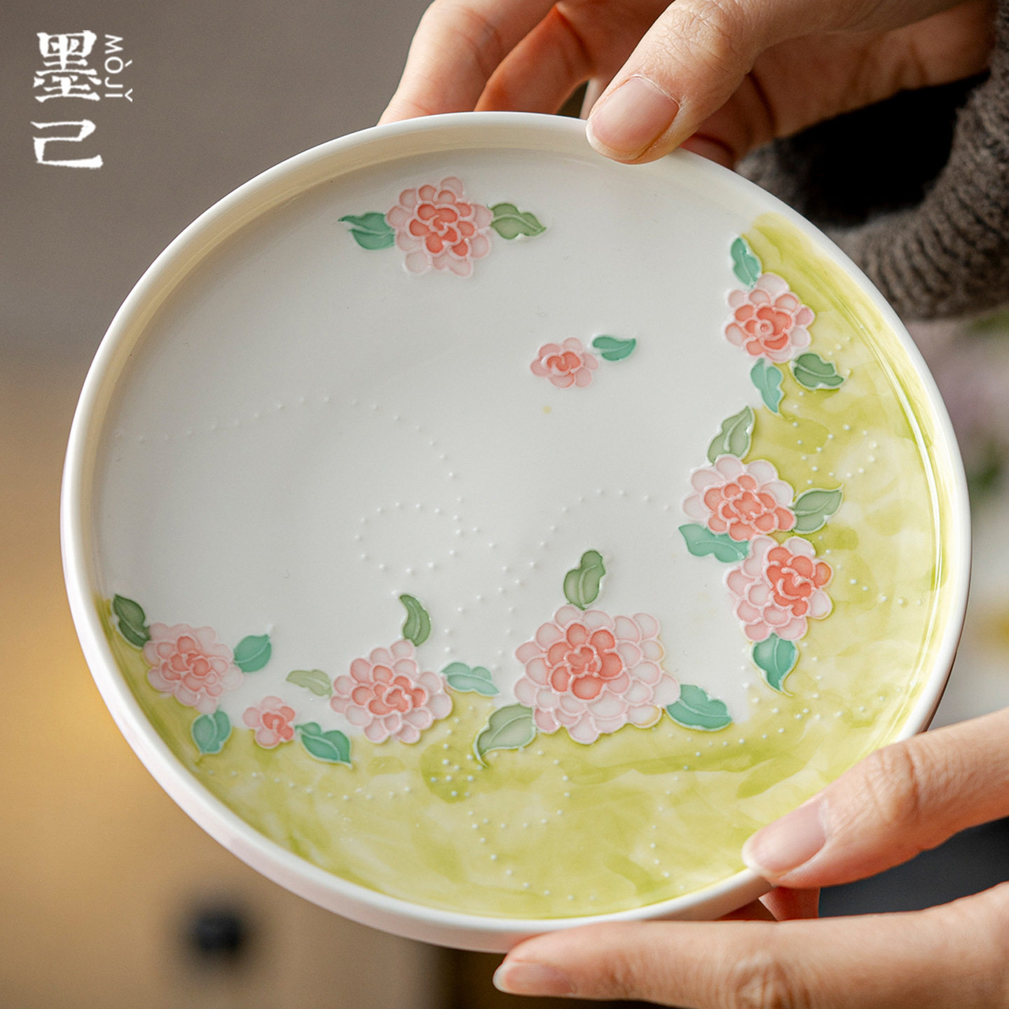 墨己有田烧手绘山茶花家用陶瓷壶承茶道配件干泡盘茶点盘瓷盘摆件