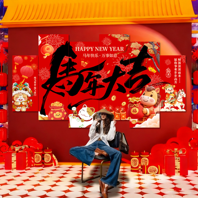 ?2026新年装饰墙贴喜庆春节氛围拍照背景墙网红文化墙kt板教室布