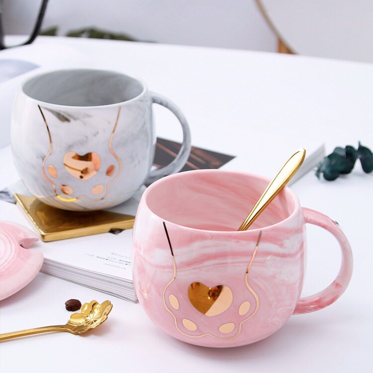 超可爱马克杯北欧创意猫爪陶瓷杯女带盖勺大理石水杯茶杯情侣杯子