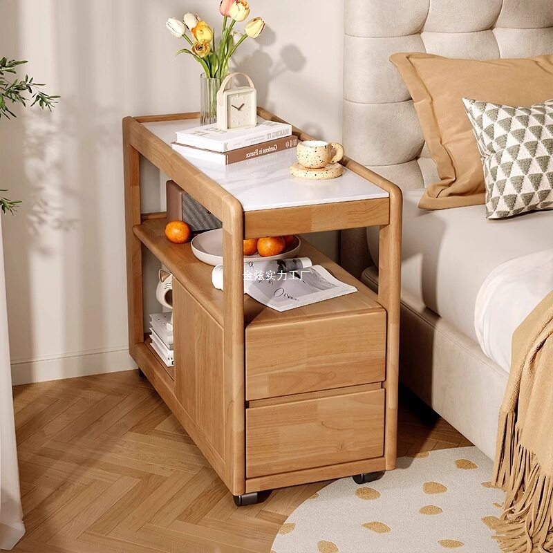 新款超窄床头柜小推车床边移动极窄收纳柜实木复古中古卧室置物架