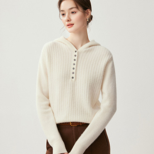 休闲简约纯山羊绒女连帽宽松毛衣