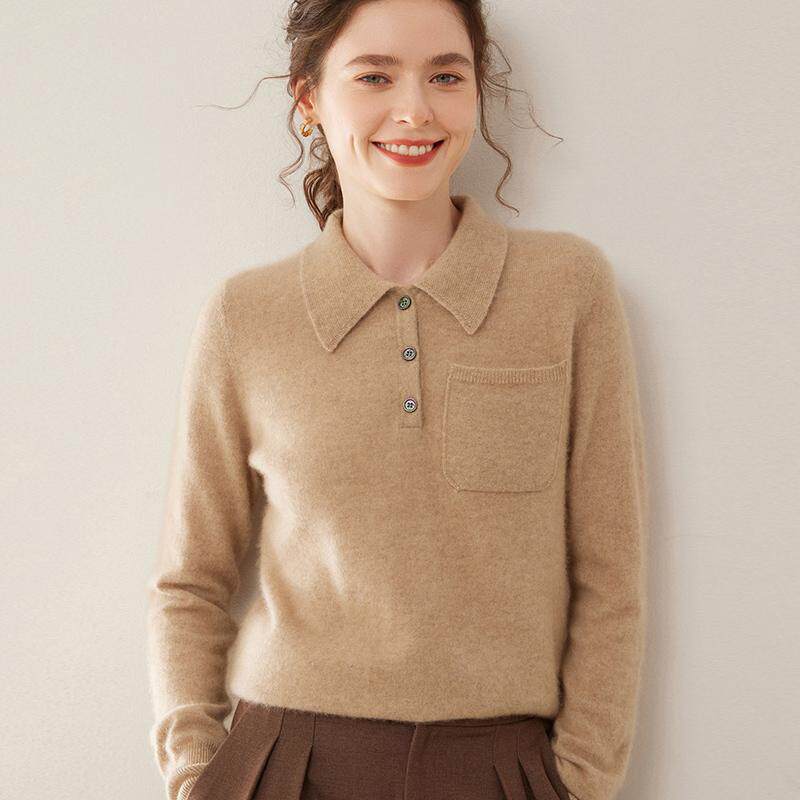 雅致大方~胸前带兜Polo领羊绒衫女秋冬新款翻领毛衣百搭针织打底
