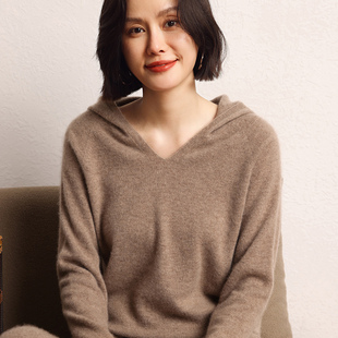 山羊绒衫女帽衫秋冬新款套头毛衣连帽羊绒衫针织打底带帽卫衣宽松