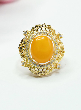 S925银镶天然琥珀戒指蜜蜡指环宫廷风指圈女士民族风百搭简约饰品