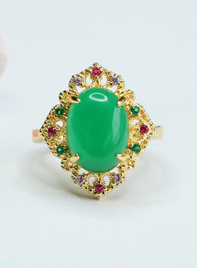 冰种绿玉髓戒指红玛瑙指环指圈宫廷风男女士百搭简约饰品时尚礼品