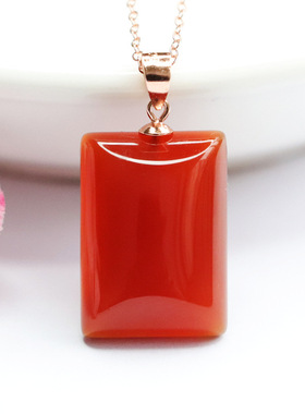 S925银镶红玛瑙吊坠玉髓无事牌复古风男女平安牌吉祥纳福礼物饰品