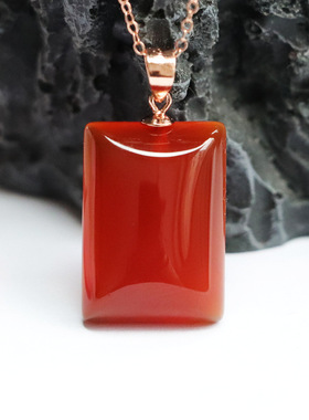 S925银镶天然红玛瑙方无事牌吊坠玉髓珠宝男女士气质平安牌饰品