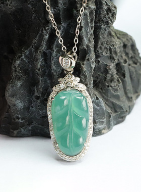 S925银镶天然翡翠吊坠冰种蓝水金枝玉叶叶子女士款复古风项链挂件