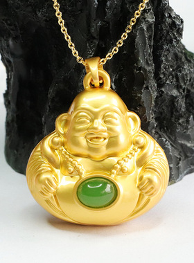 天然和田玉碧玉佛公吊坠福伴一生弥勒佛国潮复古风女士款项链挂件