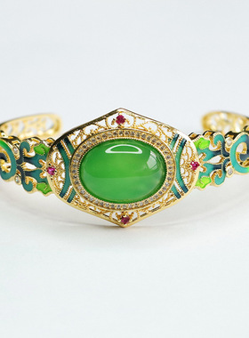 绿玛瑙手镯鸡油黄玉髓镯子珐琅彩新中式民族风手饰品女士款礼物