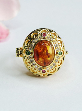 天然琥珀戒指花珀香囊指环可打开指圈女士复古民族风饰品节日礼物