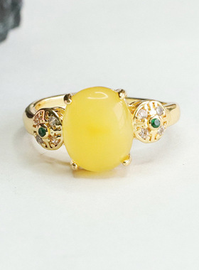 天然琥珀戒指蜜蜡指环指圈女古风新中式民族风饰品情侣闺蜜礼物