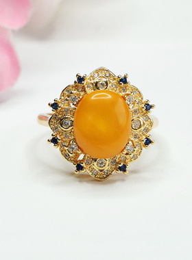 天然琥珀戒指满蜜老蜜蜡指环指圈复古女士款礼品气质文雅大气饰品