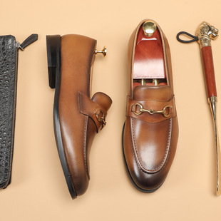 头层牛皮手工擦色英伦复古一脚蹬皮鞋 男式 马衔扣乐福鞋 2026春新品